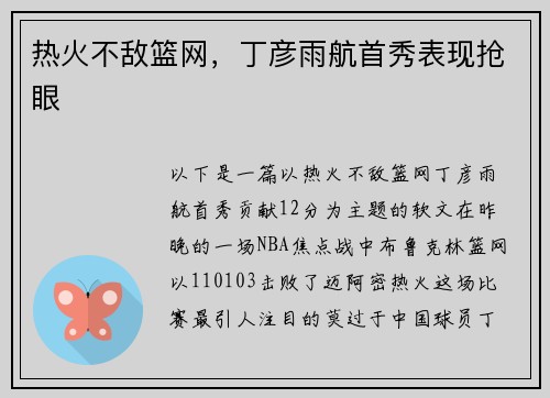 热火不敌篮网，丁彦雨航首秀表现抢眼